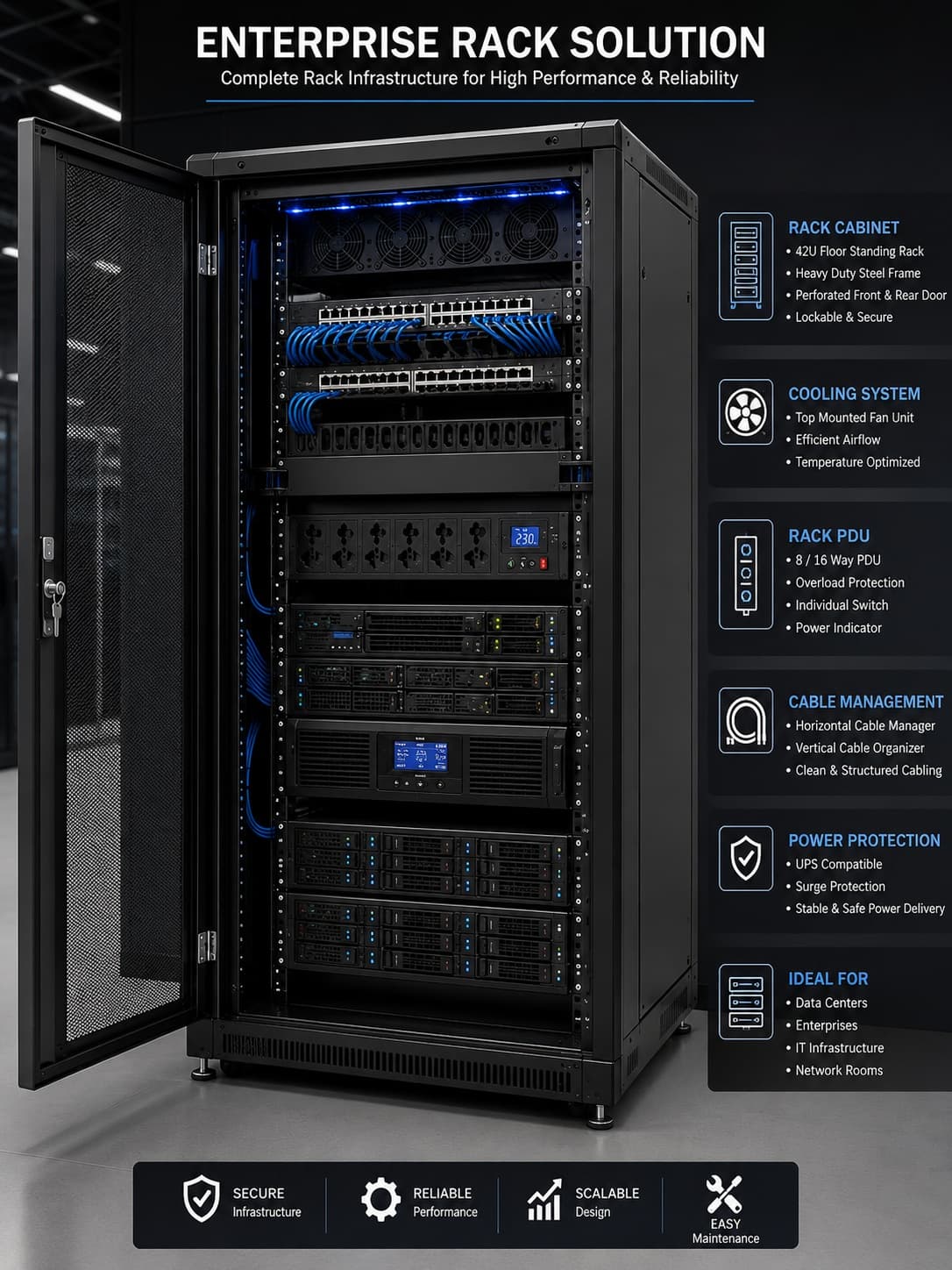 Enterprise server rack infrastructure with PDU and cable management