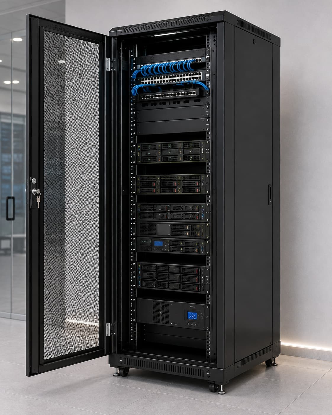 Floor standing server rack for enterprise servers and networking
